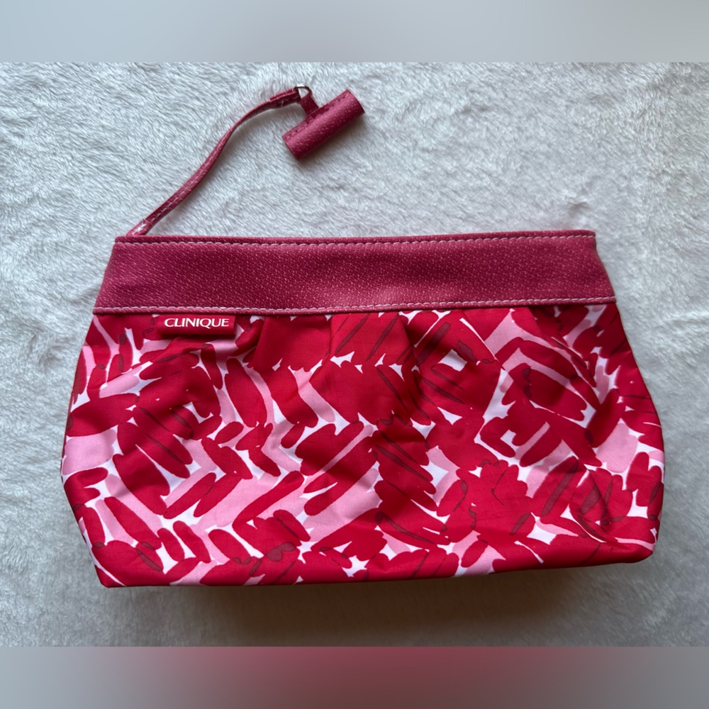 Clinique Pink and Red Abstract Floral Cosmetic Pouch